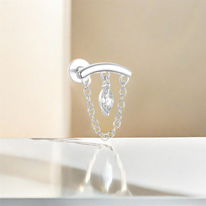 Single 925 Sterling Silver Tassel <b>Chain</b> Cartilage 18K Gold Plated Horse Eye Zircon Flat Back Helix Piercing <b>Earrings</b> - Product Image 6