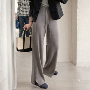 Pantalones de pierna ancha rectos de cintura alta con diseño acanalado y abertura, elásticos, antipilling, con lazo, para otoño/invierno. - Product Image 3