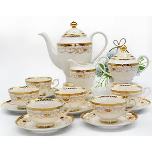 17 pcs tea sets with 6 cups 6 saucers embossed gold royal style bone china coffee tea sets