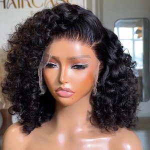 Pelucas Cortas Afro Rizadas Sin Pegamento, Pelucas <span class=keywords><strong>de</strong></span> Cabello Humano con Frente <span class=keywords><strong>de</strong></span> Encaje <span class=keywords><strong>para</strong></span> Mujeres Negras, Pelucas Indias con Frente <span class=keywords><strong>de</strong></span> Encaje HD - Product Image 1