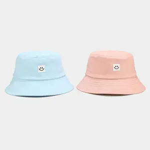 Custom Embroidery Wide Brim Pink Black Color Smiley Face Logo Trendy Street Bucket Hat For Women