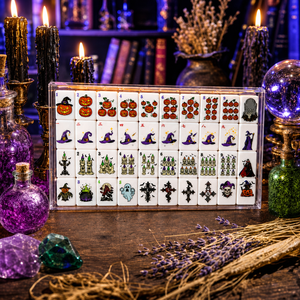 Juego <span class=keywords><strong>de</strong></span> Fichas <span class=keywords><strong>de</strong></span> Mahjong <span class=keywords><strong>de</strong></span> Halloween, 160 Fichas Acrílicas <span class=keywords><strong>de</strong></span> Mahjong Americano, Color Morado Medianoche con Estuche <span class=keywords><strong>de</strong></span> Arañas, Venta al por Mayor OEM - Product Image 5