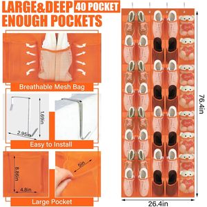 Organisateur de chaussures à suspendre sur la porte, 40 poches, en maille orange, pour rangement dans le placard, avec design antidérapant - Product Image 2