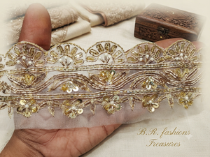 Bordure en organza artisanale indienne de 2 pouces de large avec fil métallique et broderie de perles de verre pour sari de mariage - Product Image 6