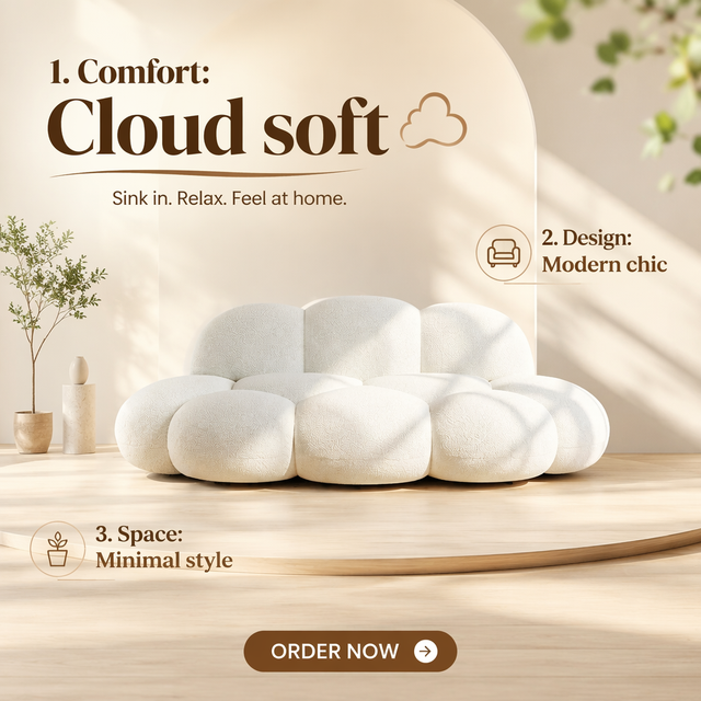 Modular Eco-Friendly Minimalist Cloud Sofa Boucle Sectional Couch Apartment Living Room Bedroom Curved Ottoman Three Seat Corner