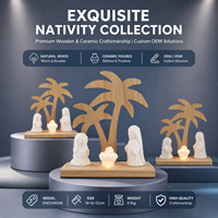 Crèche en céramique faite à la main avec base en bois en forme de palmier, lumière douce, décoration religieuse de Noël, vente en gros OEM