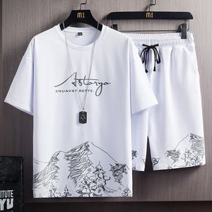 Conjunto Deportivo Casual de Verano para Hombre de Dos Piezas a la Moda, Tallas Grandes, Nueva <span class=keywords><strong>Camiseta</strong></span> de Manga Corta de Color Sólido <span class=keywords><strong>con</strong></span> Estampado de Montaña Nevada en Tejido de Punto - Product Image 2