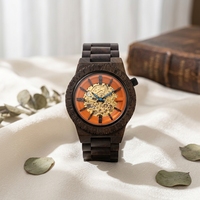 Montre mécanique squelette en bois d'ébène pour homme, cadran creux orange vif, bracelet à maillons en bois, montre-bracelet sport décontractée étanche