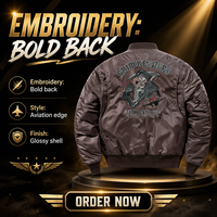 Blouson aviateur marron brodé pour homme, en nylon, avec fermeture éclair frontale, col montant côtelé, longueur standard, décontracté, pour l'hiver