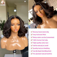 Peluca Corta Ondulada sin Pegamento con Ondas Sueltas, Peluca Frontal de Encaje HD 5x5 Pre-Arrancada, Peluca Bob Rizada con Cabello Humano Virgen 100% Brasileño