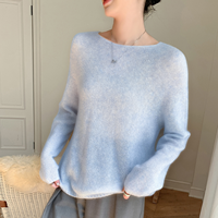 Pulls en maille ODM Fluffy 12gg, écologiques, bleu clair, de luxe, de haute qualité, en mohair et alpaga, coupe ample, col bateau, style décontracté