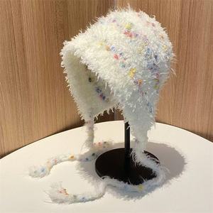 Gradiente de pelúcia japonês malha gorro para as mulheres estilo coreano longa trança bonito casual rosto pequeno quente orelha proteção chapéu outono - Product Image 6