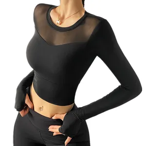 Sexy Net Yarn Patchwork Women Yoga Crop Top Long Sleeve Workout Sport T Shirts Female Tight Dance Training Clothing