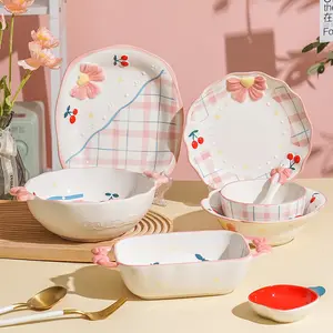 Peralatan makan keramik tidak rata, perangkat makan mangkuk tempat makan rumah tangga Kolong keramik lucu