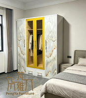 Lemari Pakaian Baja Modern 4 Pintu Dengan Laci Lampu LED Interior Kabinet Penyimpanan Pakaian Logam Untuk Kamar Tidur