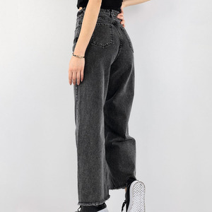 Op maat gemaakte dames jeansbroek met hoge taille, rauwe zoom, rechte pijpen, zwarte wijde jeans voor vrouwen - Product Image 4