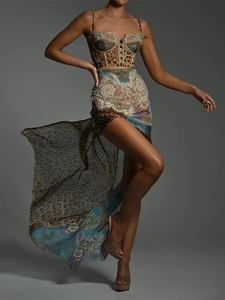 Batas de Playa Elegantes para Mujer en Gasa Sin Mangas con Hombros Descubiertos, Vestidos Transparentes de Cintura Alta con Abertura y Estampado de Leopardo en Malla con Tirantes - Product Image 4