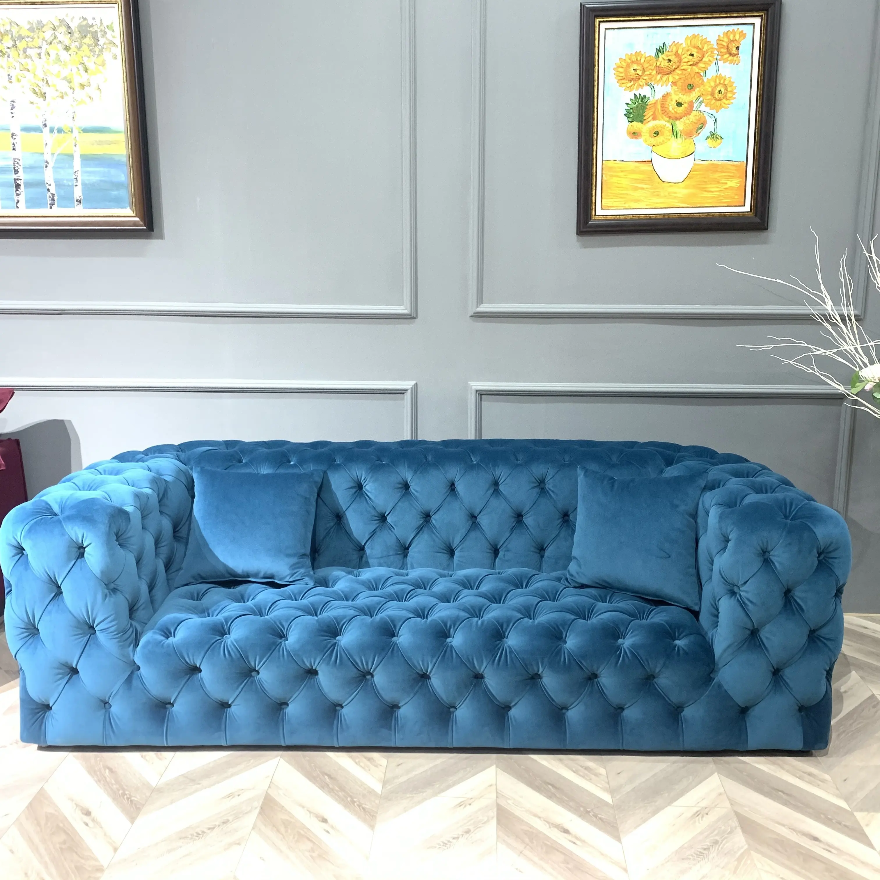 Thiết Kế Mới Bán Buôn Luxury Big Blue Couch Chesterfield Velvet Sofa Hiện Đại Cho Phòng Khách Nội Thất Gia Đình