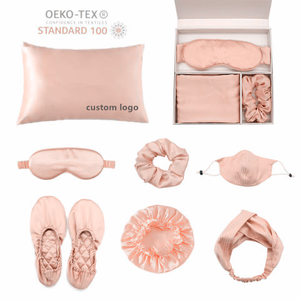 Set Scrunchie Rambut Sutra Mewah Custom, Sarung Bantal Sutra Satin dengan Ritsleting dan Masker Mata dalam Kotak - Product Image 6