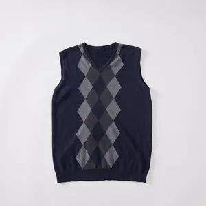 OEM/ODM sweter rajut katun pria kualitas tinggi sweter Pullover rajutan pola kustom Argyle leher V Navy