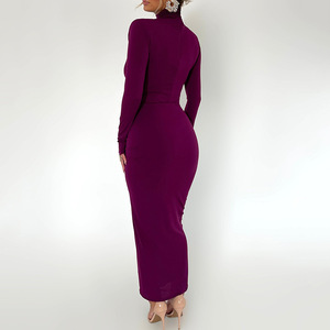 Vestido Midi Fruncido de Manga Larga con Cuello Alto para Mujer, Vestido de Noche a la Moda con Cintura Natural y Ajuste Cómodo - Product Image 3