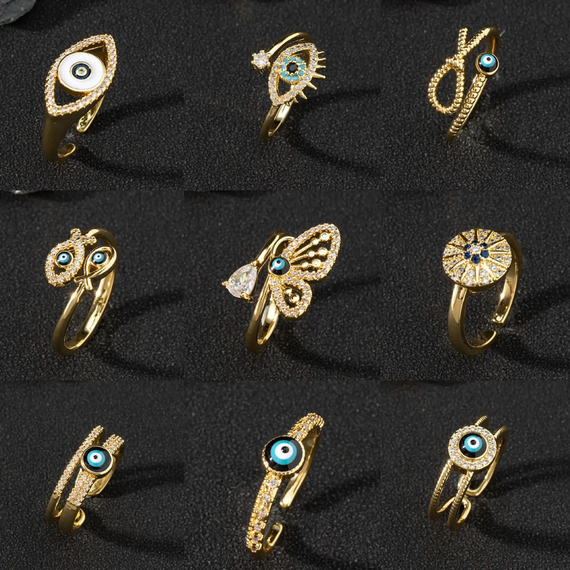 Anello vintage religioso in ottone regolabile in smalto per malocchio placcato oro blu occhi malvagi anelli di zircone olio gocciolamento anello di rame