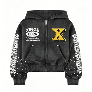 Wholesale Manufacturer Black Vintage Washed Chenille Patch Rhinestone Cropped Zip up Hoodie Varsity Streetwear Hoodie - Product Image 4