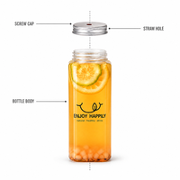 Nouvelle bouteille en plastique PET vide de 12 x 16 oz, forme carrée française, pour le stockage de jus, café infusé à froid fait maison, smoothies et lait