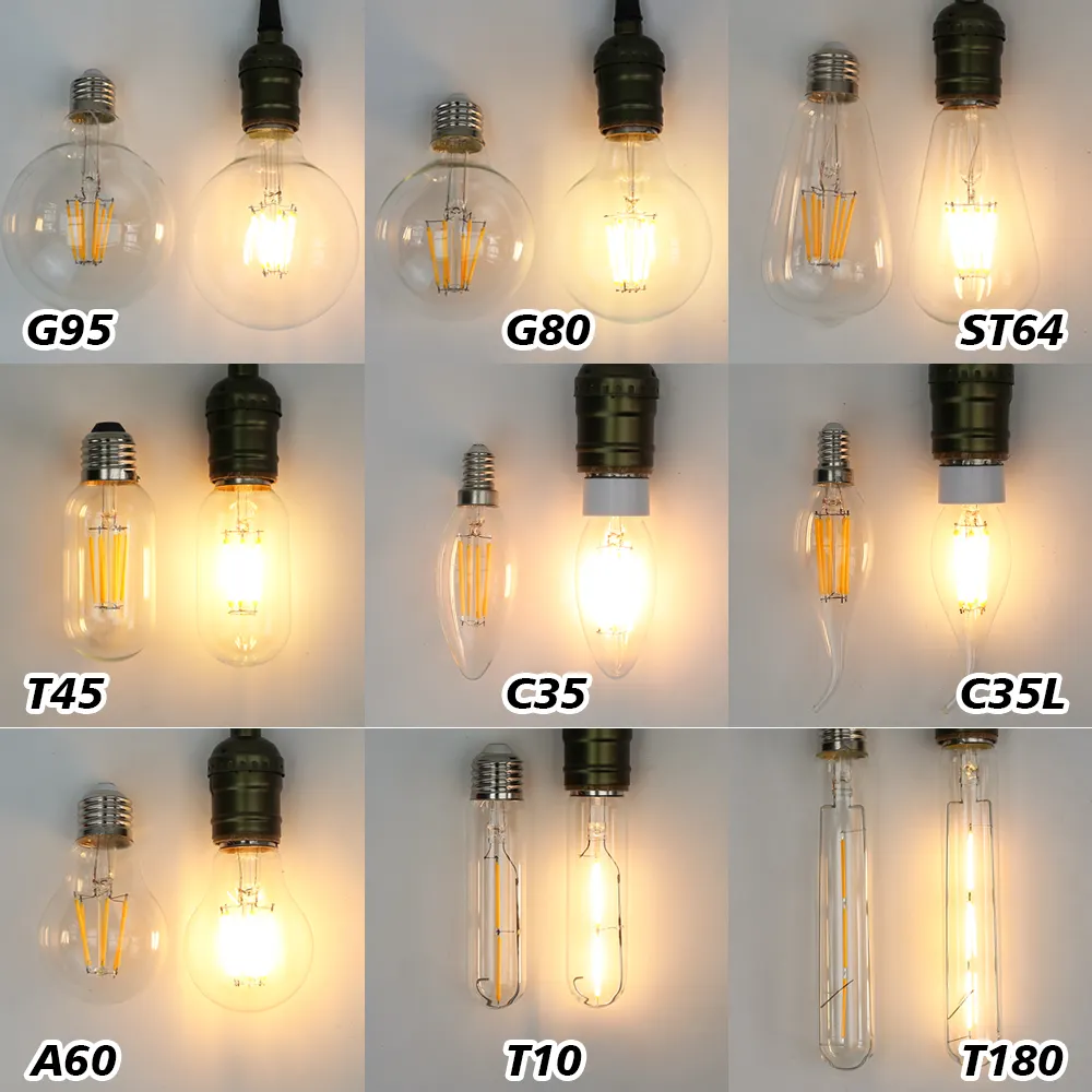 Винтажная Светодиодная лампа Эдисона, 6 шт., E27, E14, 220 В переменного тока, G80, G95, G45