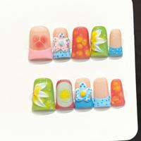 Faux Ongles à Presser Faits Main Motif Plumeria Pois Aura French Manucure Nude Pastel Brillant Effet Rosé 10 Pièces – Lot de Faux Ongles