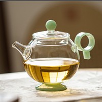 Théière en verre transparente résistante à la chaleur, bouilloire à eau, théière à fleurs avec poignée verte et infuseur, vaisselle de restaurant