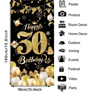 Bannière de porte scintillante Or Noir pour 30e <span class=keywords><strong>anniversaire</strong></span>, Décoration de fête <span class=keywords><strong>Joyeux</strong></span> <span class=keywords><strong>Anniversaire</strong></span>, <span class=keywords><strong>Affiche</strong></span> de fond - Product Image 2