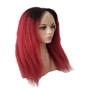 Afro Kinky Straight Human Hair Wig for Black Women Ombre 1b Dark Red Lace Front Italian Corase Yaki Indian Hair Wig 180density