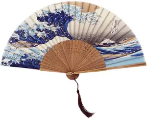 Оптовая продажа, японский винтажный Ретро стиль ручной работы с принтом, пейзаж, бамбуковый шелк, ручные складные веера для свадебного подарка