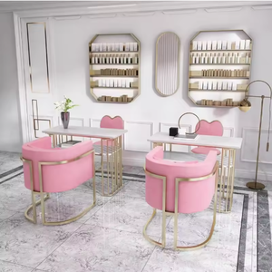 Contemporary <b>Pink</b> Nail Table With Marble Top And Gold Metal <b>Frame</b> For Manicure Salon Furniture - Product Image 3