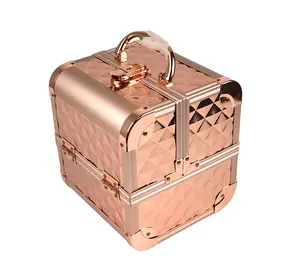 Alüminyum çerçeve çok fonksiyonlu taşınabilir makyaj çantası alüminyum alaşım profesyonel kozmetik durumda gül altın