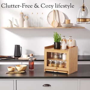 Boîte à pain en bambou à double couche, armoire de rangement de cuisine avec porte en verre pour la conservation du pain frais et des aliments - Product Image 3
