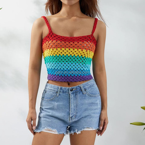 <strong>Woman</strong> Sexy Pride Month Parade <strong>Rainbow</strong> Striped Crochet Crop Knit Tank <strong>Top</strong> Lgbt Clothes - Product Image 1