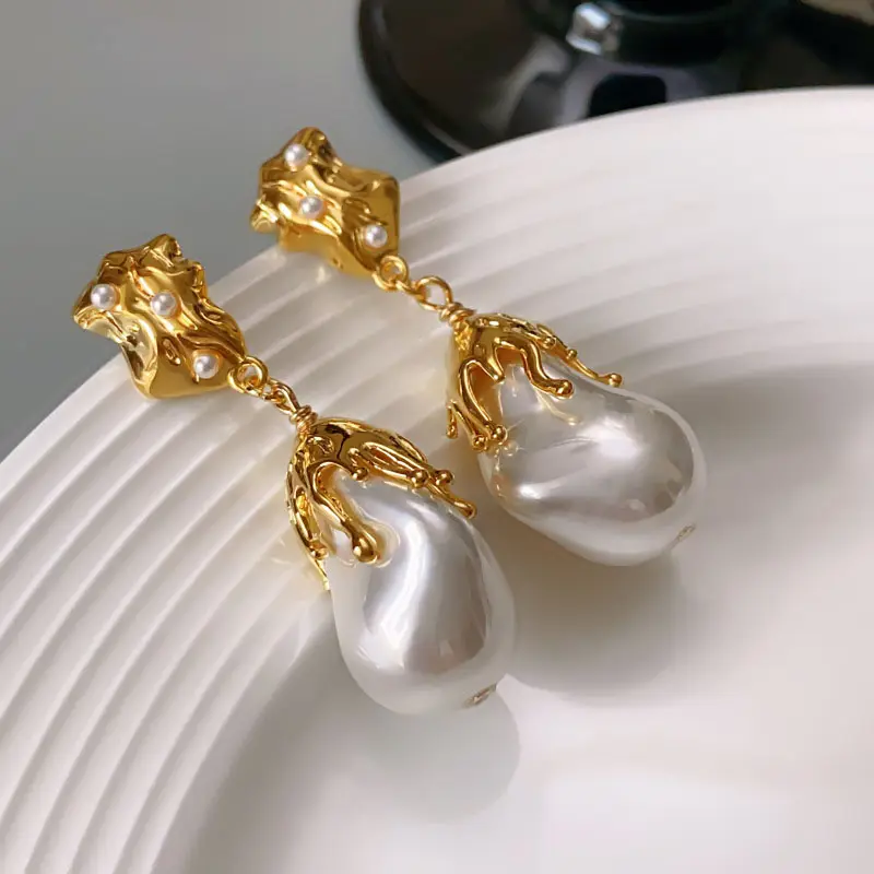 Luxury Vintage Sweet Real Gold Plated Freshwater Baroque Pearl Drop Stud Earrings for Women Jewelry