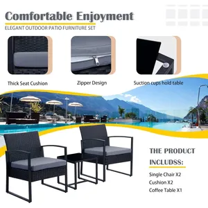 Ensemble de meubles de patio d'extérieur 3 pièces Ensemble de chaises en rotin et osier Ensemble de conversation Bistro 3 pièces avec table basse pour la cour et le bi - Product Image 5