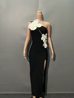 Robes longues pour femmes, chic, magnifiques, à fleurs, à une épaule, noires, bandage, robes de soirée, mode été