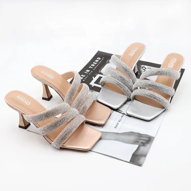 2022 Trendy Women's Bling Chain High-Thin-Heel Rivet Open-Toes One Word Slippers Fashion Casual Sexy Heeled Sandals Women Shoes