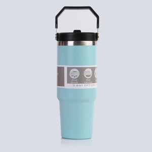 Mug de voyage isotherme sous vide 20oz 30oz avec poignée, couvercle en acier inoxydable, paille et base antidérapante - Product Image 6