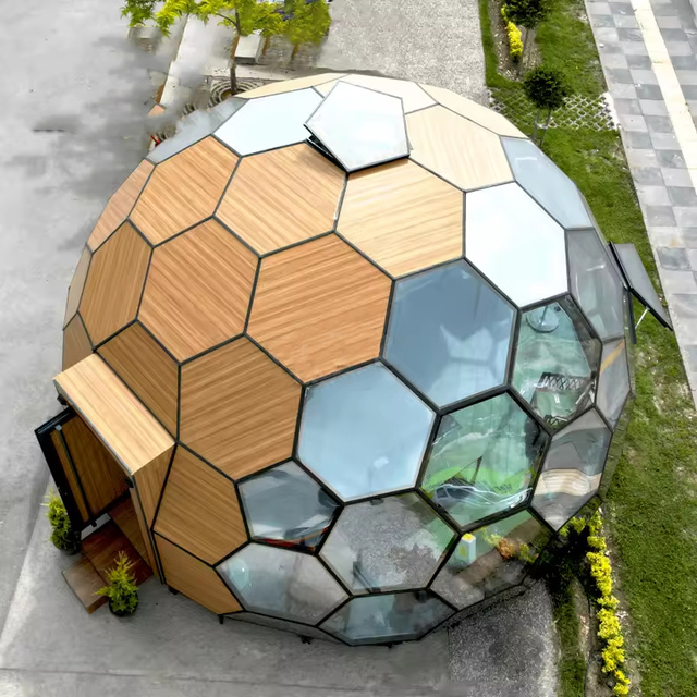 Luxury Wood Grain Hexagonal Tempered Glass Geodesic Dome HouseTent Wooden Honeycomb Shaped Glass Dome for Trade Show Tents