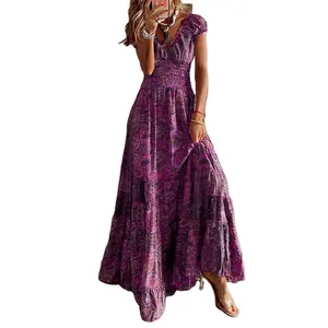 European and American New Ximi Asian Style Retro Dress Long Dress with Waist Wrap. floral print/ large hem