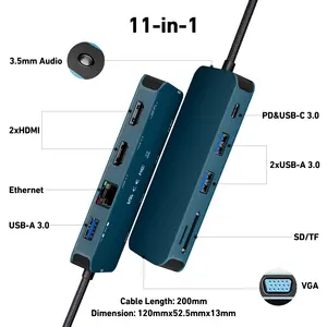 قاعدة توصيل USB C مخصصة 11 في 1.MST مع 2*HDM I/1*VGA, 3*USB 3.0/SD/TF قارئ بطاقات/ايثرنت/100وات PD/3.5مم