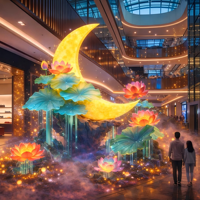 Lanternes paysagères en forme de croissant de lune doré et de lotus, décoration orientale pour centres commerciaux haut de gamme et expositions de la mi-automne