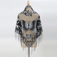 Écharpe longue légère d'été en polyester pour femme Nidu 2025, avec pompons, broderie papillon, motif triangulaire, couleur unie et dentelle ajourée