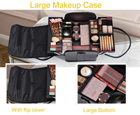 Boîte de rangement pour maquillage noire de grande capacité, valise à plusieurs étages avec fermeture à glissière, en cuir, pour le voyage et le rangement
