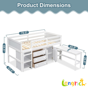 <span class=keywords><strong>Litera</strong></span> para niños Tamaño Cama alta baja con escritorio extraíble Cajones Gabinete y estantes para cama infantil de color blanco - Product Image 2